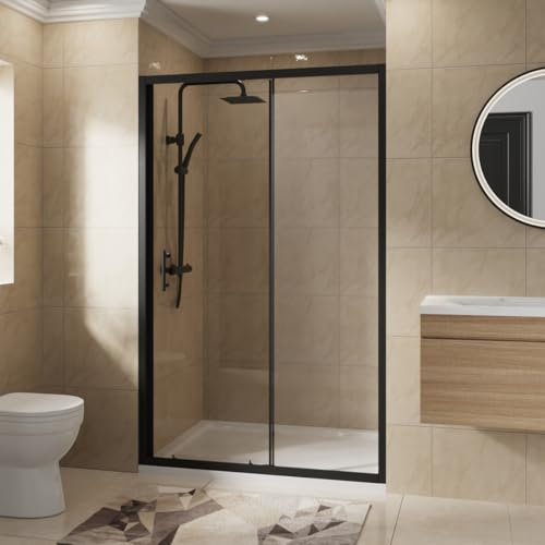 NRG 1200 x 1900mm Bathroom Shower Enclosures Single Sliding Shower Door 6mm Safety Glass Black Framed