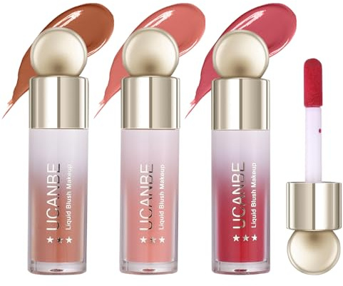 UCANBE 3PCS Liquid Blush Set – Dewy Cream Blush Makeup for Cheeks – Lightweight Long Lasting Blendable Buildable Formula for Natural Flush（Berry Smooch, Bronze Rose, Peach Pink）