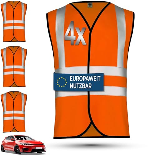 OMKA 4X Auto Warnweste Sicherheitsweste europaweit einsetzbar Pannenweste PKW Sicherheitsweste (Neon Orange, M)