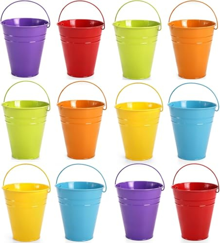 WUWEOT 12 Pack Small Metal Buckets with Handle, Colored Galvanized Metal Bucket Small Pails for Party Favors, Decor, Garden Planters, 11.4 x 12.7 cm