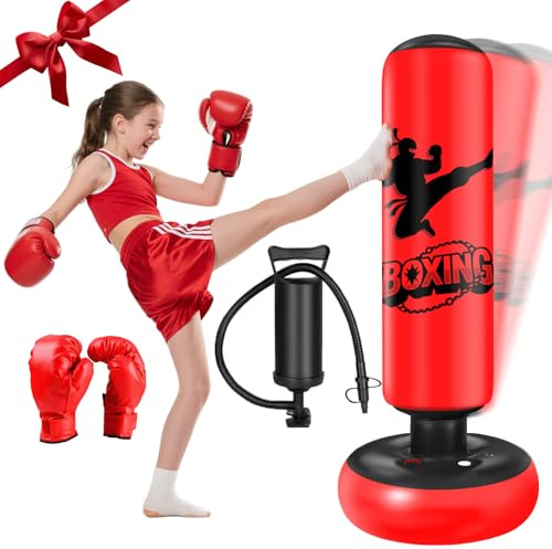 Kid Strike Bag 160 cm Ninonly Punching Ball barn med boxningshandskar ultrastarka uppblåsbara PVC boxningssäck, presenter till pojkar och flickor 3–12 år för karateträning, Taekwondo