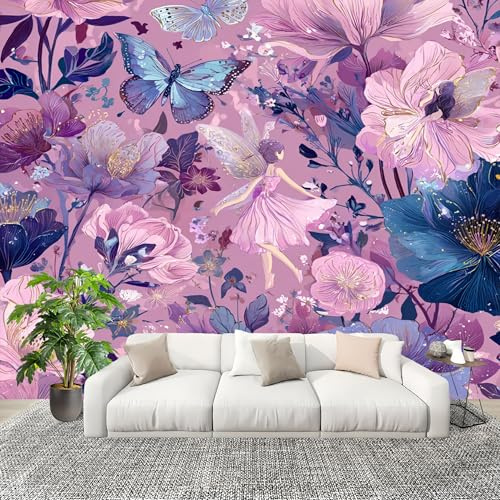 Dormitorio Papel Pintado Flores Y Mariposas de FantasíA Pared Panorámico 200x140 cm Rosa Fotomurales No Tejido, Póster Gigante de Pared Personalizado 3D Para Salón Fotomurales