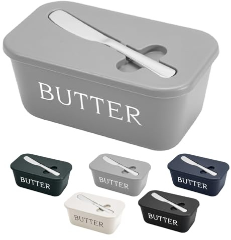 Beurrier avec couvercle, grand récipient de rangement avec couteau à beurre en acier inoxydable, plateau porte-beurre léger en polypropylène, pour comptoir et accessoires de cuisine (gris, 1 000 ml)