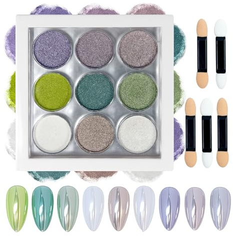 MKNZOME 9 Farben Chrome Nail Powder, Grün Weiß Lila Crome Pulver Nägel, Nagelpuder Nailart mit Sponge Brush Applikator, für DIY Nagelstudios zum Selbermachen, Nageldesign, A