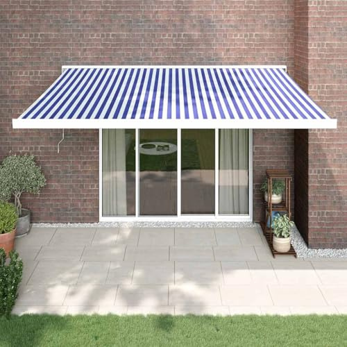 Tenda da Sole Elettrica Retrattile, Blu e Bianca 4x3 m, Tessuto Poliestere con Rivestimento PU, Struttura in Alluminio, Telecomando Incluso, per Balcone Giardino Terrazza