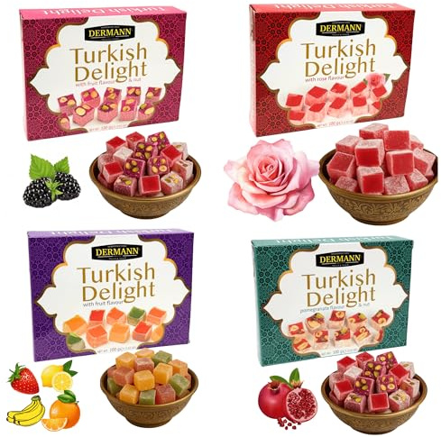 Delicias turcas 4x100g (Set de 4 Sabores: Rosa, Frutas, Frutos Secos y Granada) | Sin gluten | Confitería tradicional de lujo | Vegano, Halal, El Mejor Lokum Turco, Loukoumi