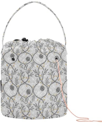 GuoChe Aufbewahrungstasche für Häkelnadeln, Weihnachtsmotiv, grau/gelb, Tannenzapfen, Schneeflocke, mit Löchern, Reisetasche für Kunstbedarf, Häkelprojekte