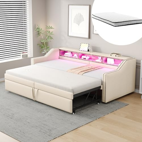 Arhatreya Bäddsoffa 90/180 x 200 cm, stoppad säng med förvaringsfack, soffa med utdragbar säng, dagsäng med LED-ljus och USB-uttag, säng med madrass för gästrum, linne, beige