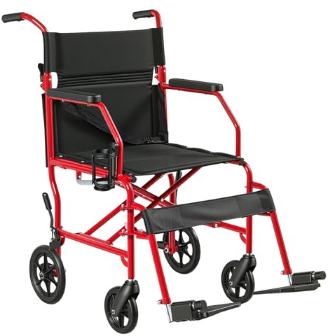 Panana Super Lightweight Aluminium Wheelchair, Foldable Attendant and Transport Wheelchair for Adults (Red)