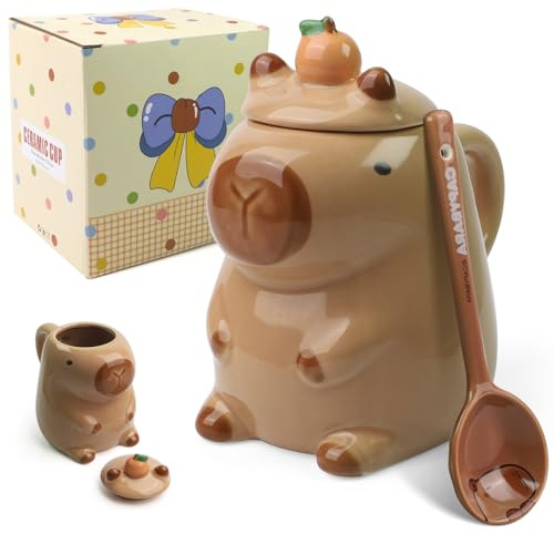 Realjoy Capybara Tasse, Taza de té de 450ML con Tapa, Taza Divertida de Capibara, Taza de Café 3D con Cuchara, Taza Bonita, Merchandising de Capibara, Regalos para Mujeres, Niños y Mejores Amigas