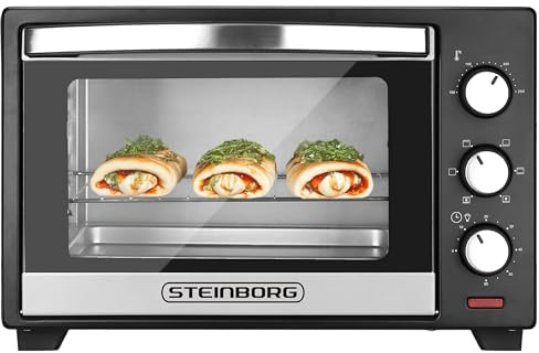 Steinborg® Mini Backofen 25 Liter Miniofen Elektro – Pizzaofen Tischbackofen 3-in-1 mit Ober-/Unterhitze & Umluft Konvektion, 1600 Watt Minibackofen mit 60 Min Timer & Krümelblech