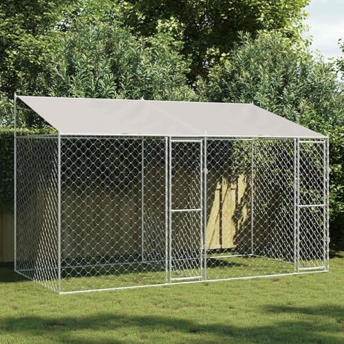 Hundekäfig mit Dach Silber aus Stahl und PE 400 x 200 x 256 cm großer geräumiger Outdoor Hundezwinger mit abschließbarer Tür und Drahtgitterwänden für Welpenauslauf und Freilaufgehege