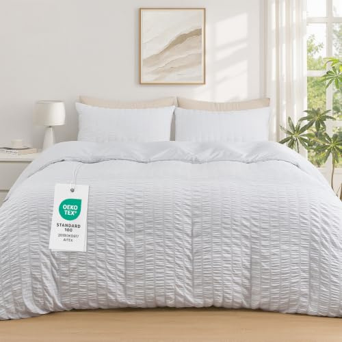 Duvetnova White Seersucker Double Duvet Sets OEKO-TEX Soft Breathable Microfiber Bedding Set with Zipper Closure All Season 200 × 200 cm with 2 Pillow Cases