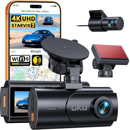 GKU Dashcam Auto Vorne Hinten 4K mit STARVIS 2, Dash Cam Auto | Kamera 3 IPS-Bildschirm,WiFi 6,GPS,Loop-Aufnahme,Kollisionsvoraufzeichnung,Unterstützt 512 GB Max(SD-Karte nicht enthalten)