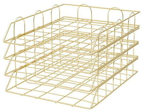 4er Set A4 Dokumentenablage aus Metall in Gold, 24.5x30x5cm Stapelbares Briefablage mit Elektroplattierung, Moderne Schreibtischablage für Büro und Dokumente