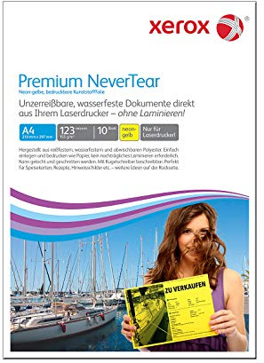Xerox Premium NeverTear Kunststoffpapier 003R98128 - A4 210 x 297 mm, 160 g/m² - Spezialpapier für Laserdrucker und Kopierer - 10 Blatt - Neongelb