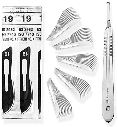 May Skalpell-Set Edelstahl Griff 50 Klingen Figur 19 | Umfangreiches Profiwerkzeug inklusive robuster Halterung. Perfekt für kraftvolle Schnitte in Handwerk, Hobby und Podologie.