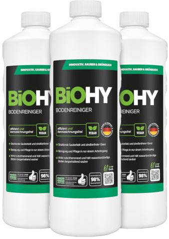 BiOHY Bodenreiniger (3 x 1 Liter) | Konzentrat für alle Reinigungsgeräte und alle Hartböden | angenehmer Geruch und streifenfreie Reinigung | ideal für Laminat, PVC & Stein | Bio Konzentrat
