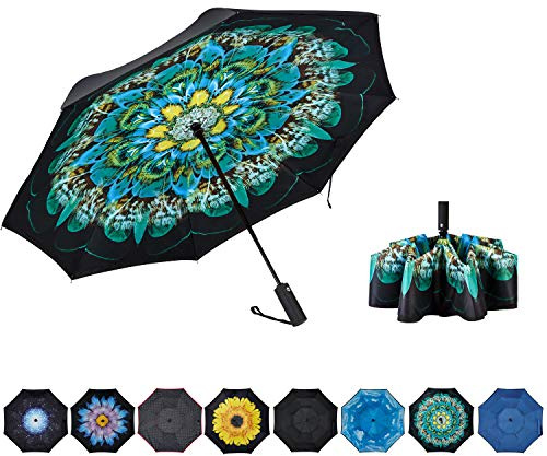 NOORNY Inverted Umbrella Double Layer Automatic Folding Reserve Umbrella Windproof UV Protection for Rain Car Travel Outdoor Men Women Peacock Ling