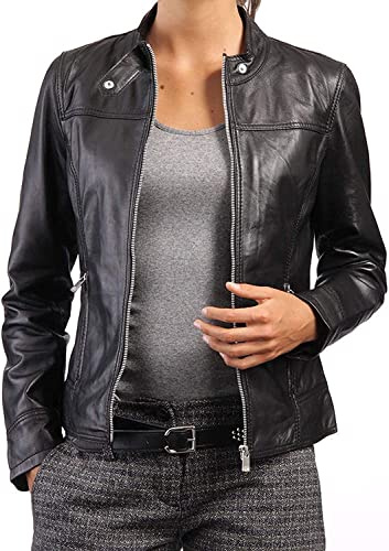 PriceRight Giacca da donna, slim fit, colore nero, in vera pelle di agnello Nero M