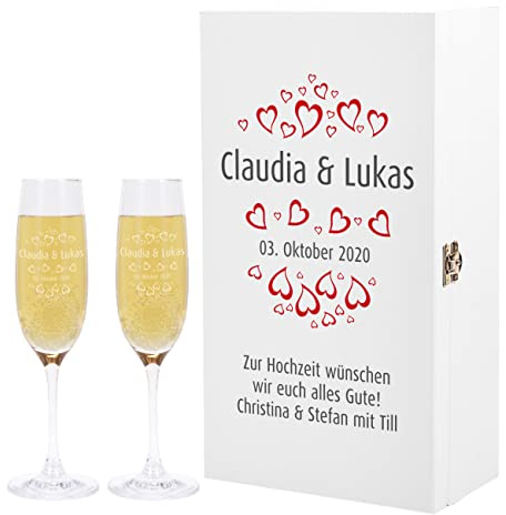 Herz & Heim® 2 Leonardo Sektgläser zur Hochzeit mit Gravur in weißer Holz-Geschenkbox - ideales Hochzeitsgeschenk Herzen