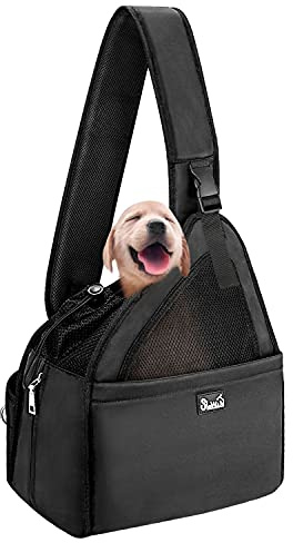 Eyein Hundetragetasche Freihändig für Kleine Hunde bis 2.8kg, atmungsaktiv | Hundefreundlich Haustiere Reisetasche mit Verstellbaren Trägern, Hartfaserplattenboden & Sicherheitsgurt (Schwarz)