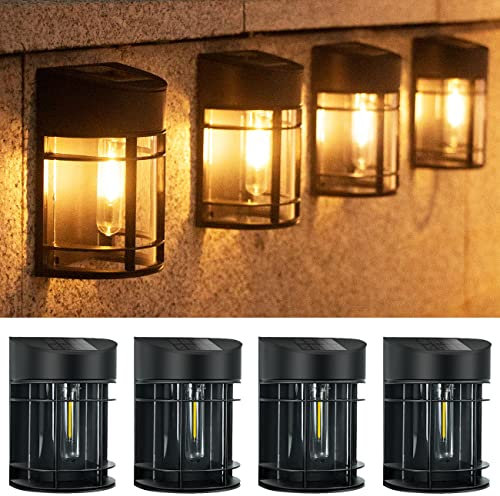 btfarm 【4 Pack】 Solar Fence Lights Outdoor Garden, Waterproof Retro LED Wall Lights for Patio Decking Gate Yard Decoration (Warm White)