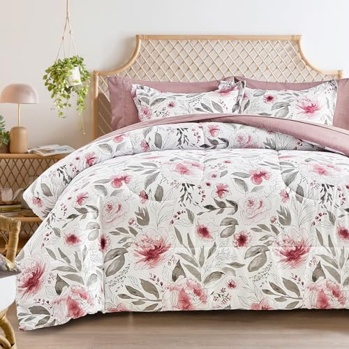 Flysheep Floral Bed in a Bag Twin Size 6 Pieces, Blush Pink and Grey Elegant Flowers Comforter Bedding Set for All Season (1 Comforter, 1 Flat Sheet, 1 Fitted Sheet, 2 Pillow Shams and 1 Pillowcase)
