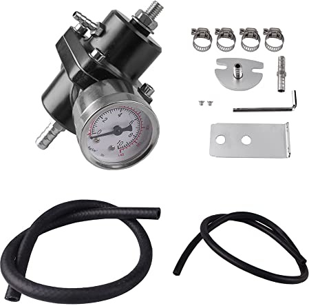 BARTOO Universal Adjustable Fuel Pressure Regulator Kit, Aluminum Fuel Regulator,Adjustable Gas Oil Injection Pressure Regulator with 0-140 PSI Gauge -Black