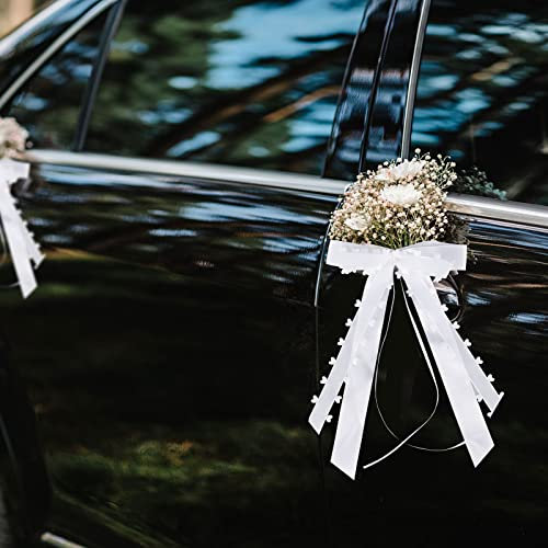 50 Nœuds Blancs avec Cœurs Déco Voiture Mariage Extérieur pour Mariage et Voitures Nuptiales - Ruban de Tull et Satin - Facile à Attacher