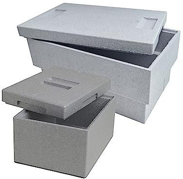 Climapor 2er Set Transportbox Plus und mini aus Styropor, grau - Volumen: 54,5 x 35 x 30 cm (32 Liter) - Volumen: 25,5 x 35 x 21 cm (9 Liter) - Wandstärke: 1,75 cm bzw. 2 cm - 1 Set