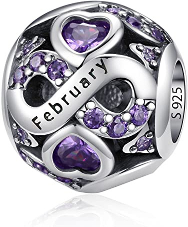 LNQOBU Birthstone Charms für Europäische Armbänder Halskette, 925 Sterling silber Openwork Perlen Liebesherz Anhänger,Geburtstagsgeschenke für Frauen