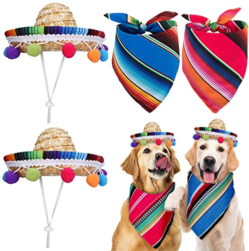 Whaline Mexican Theme Dog Costumes Cinco De Mayo Colorful Dog Bandana and Sombrero Straw Hat with Felt Pom Ball Mexican Fiesta Party Pets Accessories for Carnival Independence Day Party Supplies, 4Pcs