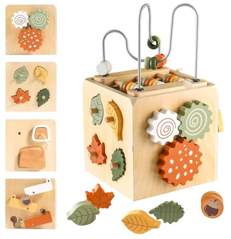 Smartwo Motorikwürfel Montessori Spielzeug ab 1 Jahr, Holzspielzeug Baby ab 18 Monate, 6 in 1 Activity Würfel mit Motorikschleife, Holz Motorikspielzeug 1-2 Jahre, Geschenk für Kleinkinder