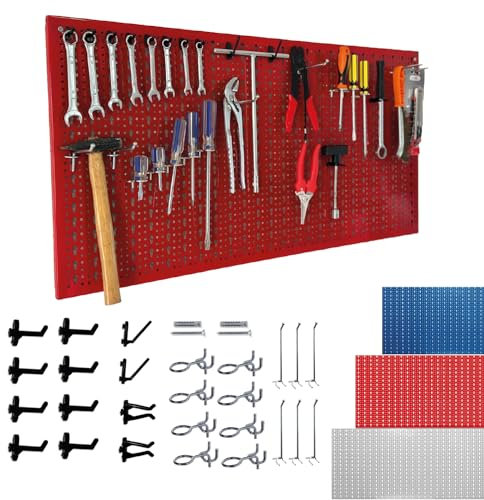 Crisalide® Panel portaherramientas perforado porta herramientas, estante organización taller, garaje, tienda, 50 x 100 cm, estante con ganchos surtidos (rojo)