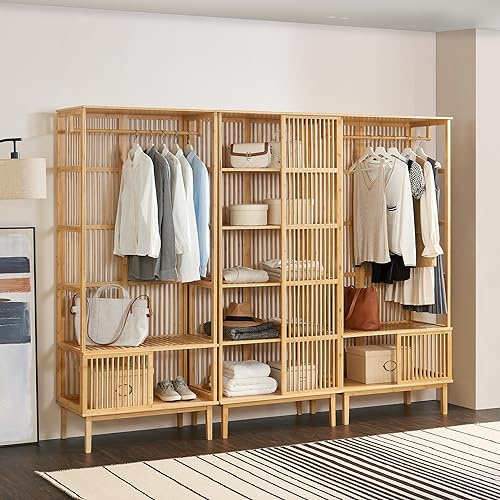 [en.casa] Garderobenset Trundholm + Vemb 185 x 240 x 45 cm aus Bambus 1 x Standregal mit 5 Ablagefächern und 2 x Garderobenständer für Flur Schlafzimmer Wohnzimmer
