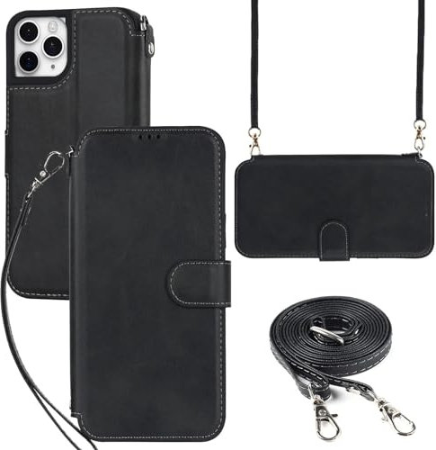 ELTEKER Hülle für iPhone 11 Pro Handyhülle mit Band Crossbody Strap, Klapphülle mit dem Verstellbaren Umhängeband - Schwarz