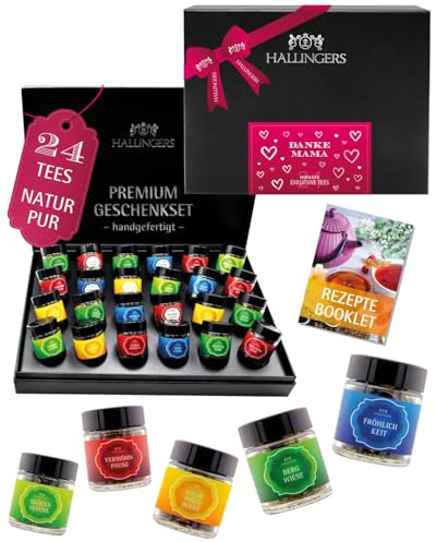 Hallingers Genuss Manufaktur Tee Muttertagsgeschenk-Set - 24 Sorten premium loser Tee Probierset in edler Geschenkbox mit Rezept-Booklet Danke Mama, Geschenkidee für Mama Oma