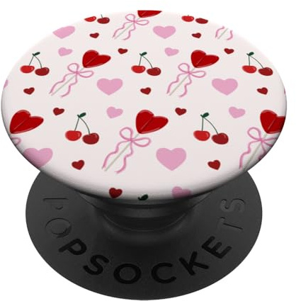 Coquette Pink and Red Bow, Heart Lollipop & Cherry Pattern PopSockets Adhesive PopGrip
