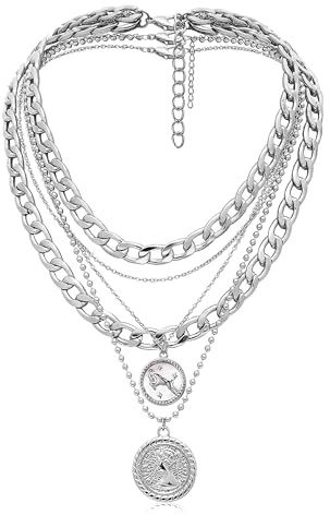 MJartoria Gold Layered Necklaces for Women Trendy Retro Coin Pendant Necklace Dainty Chunky Chain Choker Necklaces for Jewelry Birthday Gifts (Silver, Zodiac-Aries-3PCS Layered)