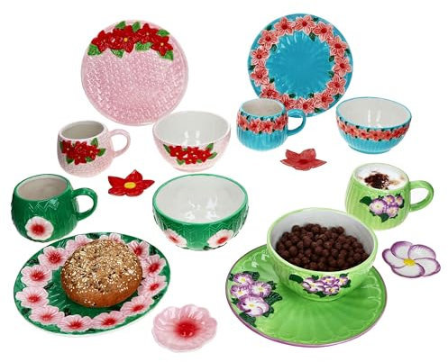 MamboCat Flori Flower Service à petit-déjeuner 16 pièces I 4 petites assiettes, bols 400 ml, tasses à café 260 ml et 4 mini assiettes avec décor floral pour 4 personnes