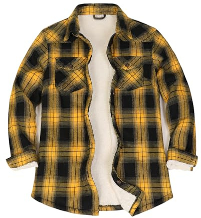 ZENTHACE Sherpa fleecefodrad flanelljacka button-down rutig flanellskjorta jacka (alla sherpa-foder), Gul och svart, XL