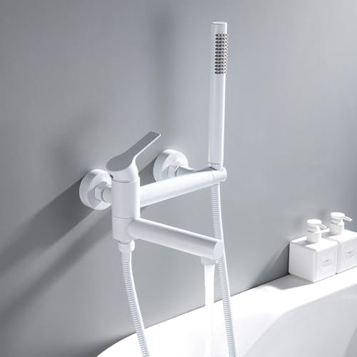 Rubinetto Vasca Da Bagno Miscelatore Vasca Da Bagno Ottone Monocomando, Rubinetto Doccia Da Muro Con Doccetta E Flessibile Doccia Da 1,5 M, Bianco