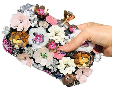 ZLYXZQG Perlen Abendtaschen 3D-Perlen-Blumen-Abendtasche, Elegante Box-Clutch-Geldbörse, Damen-Hochzeitshandtaschen for Party-Abschlussball(Black)