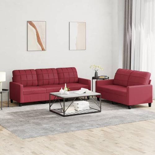 Tidyard 2-TLG. Sofagarnitur mit Kissen Sessel Couch Sofa Wohnzimmersofa mit Armlehnen, Couchgarnitur Designsofa Sitzmöbel Polstermöbel,Weinrot Kunstleder