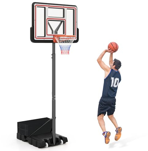 GYMAX Basketball Hoop Outdoor, 7.4-10FT Height Adjustable Portable Basketball Goal with Shatterproof Backboard and Free Weight Bag, 2 Wheels Basketball Stand System for Teens Youth Adults