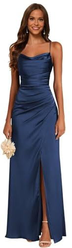 JAEDEN Satin Brautjungfernkleid Spaghettiträger Ballkleider Lang mit Schlitz Meerjungfrau Falte Abendkleider Marineblau 40
