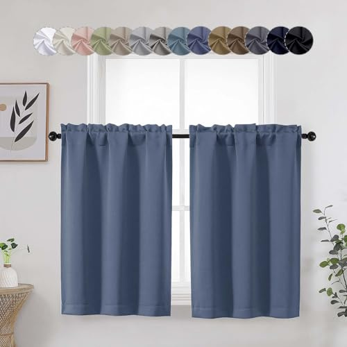 WelvetBLK Denim Cafe Blackout Curtains Tier 36 Inch Length 2 Panels, Soft Solid Thermal Insulated Room Darkening Small Kitchen Window Curtains Over Sink for Bathroom Basement, Denim, Each 30 Wx36 L