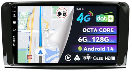 BXLIYER | INTEGRE 4G LTE & Dab| 6G+128G - Android 14 Autoradio pour Mercedes Benz GL ML Class W164 X164 ML350 ML450 ML500 GL320 GL450 - Carplay + Android Auto - Caméra + MIC - 2 Din - QLED 9 Pouce