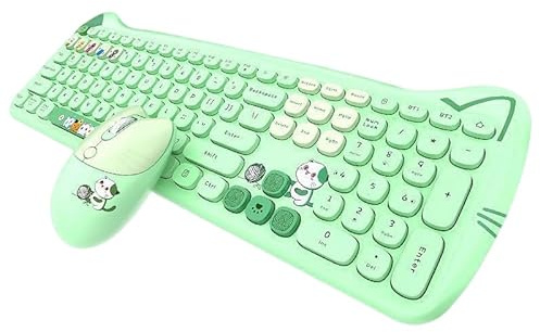 Geezer Meow Cute Puls Set tastiera e mouse wireless, 110 tasti, verde, Silent Office, compatibile con Windows XP/7/8/10
